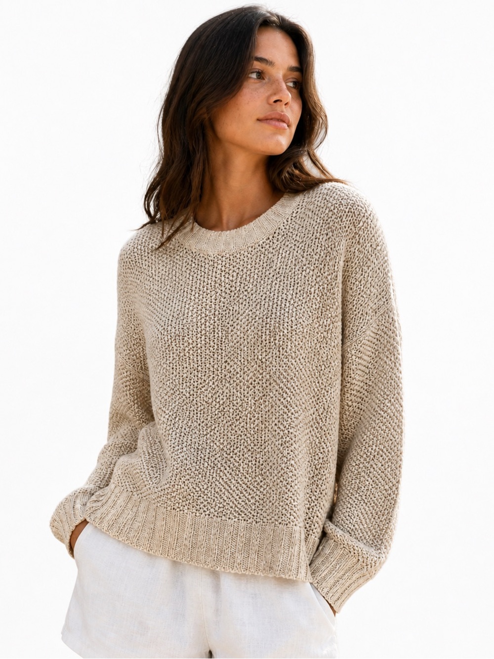 J. Crew Loose Knit Linen Crewneck Sweater in Oatmeal size M